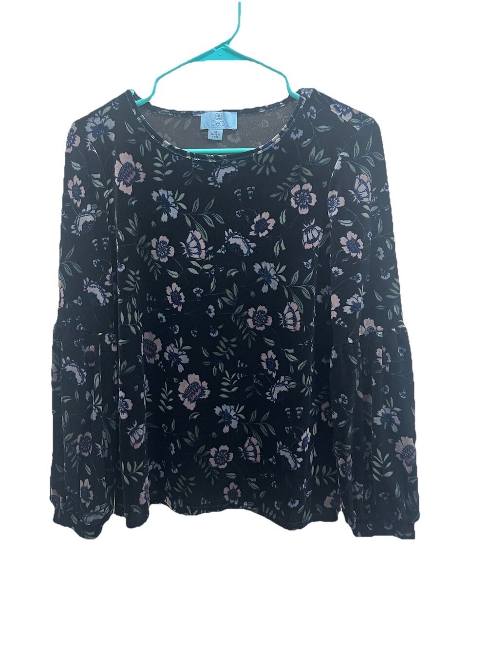 CeCe Women XS Black Floral Blouse Bell Sleeve Stretch Top Blue Boho Velvet
